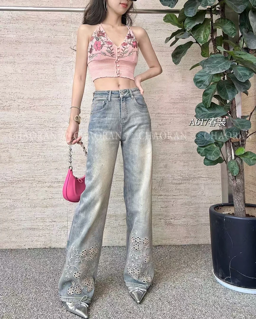 牛仔直筒拖地裤重工刺绣烫钻镂空2025新款春季时尚百搭个性裤子