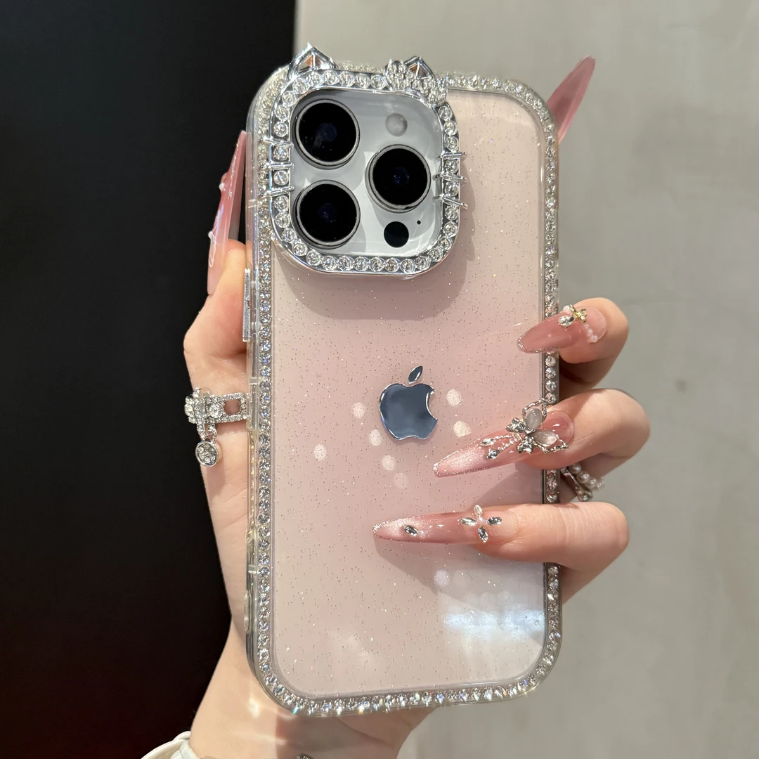 高颜值猫耳镶钻渐变闪粉适用苹果16手机壳15promax轻奢14/13新款