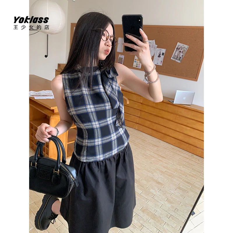 YOKLASS少女家 格纹半高领无袖雪纺衫显瘦时尚上衣 X36230S52