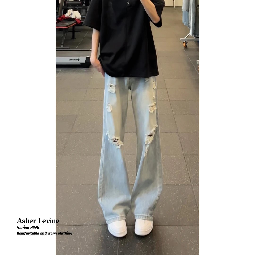 破洞牛仔裤男2025夏季薄款潮牌美式高街痞帅炸街显高显瘦直筒裤子