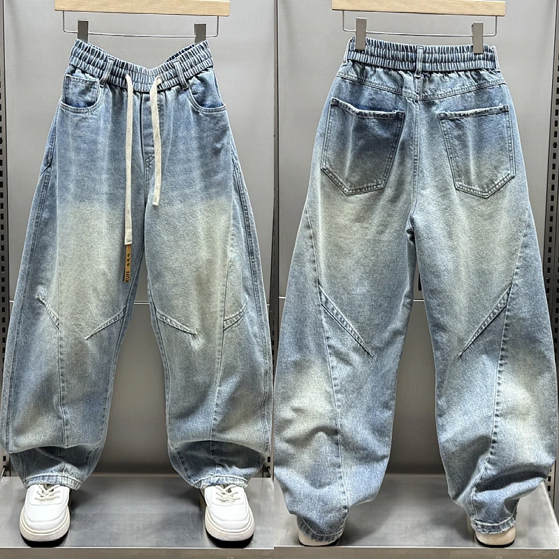 2025春季新款潮牌拼接复古水洗牛仔裤男韩版阔腿裤美式痞帅弯刀裤