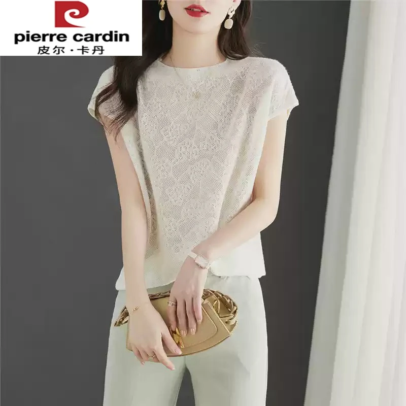 皮尔卡丹冰丝镂空针织衫女薄款年新款夏装设计感蕾丝短袖t恤宽松