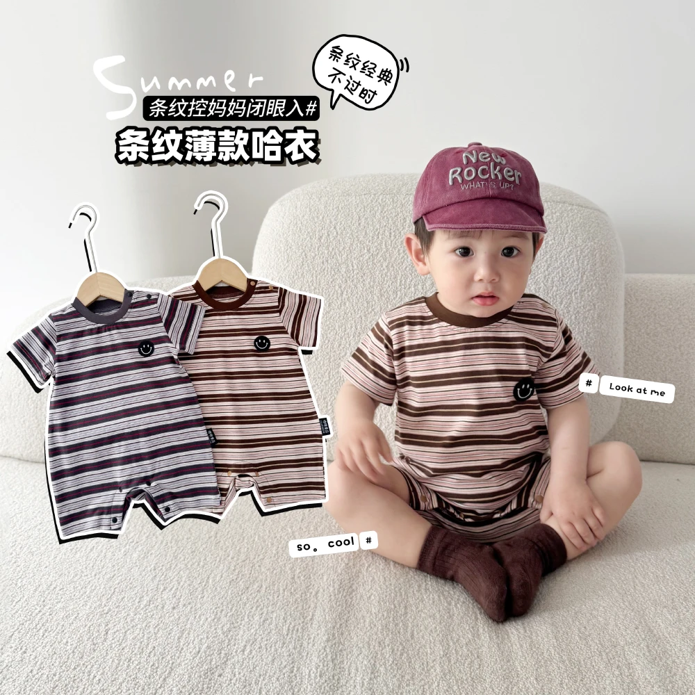 韩国婴儿衣服连体衣夏款纯棉短袖爬条纹外出薄款潮流超萌宝宝哈衣