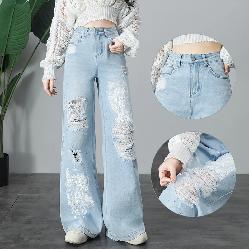 破洞高腰女裤夏季微喇宽松显瘦薄款牛仔裤2398