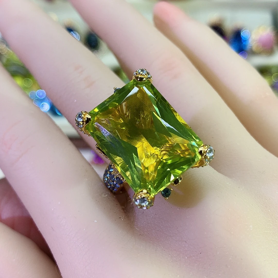 黄晶戒指银S925镀金镶嵌