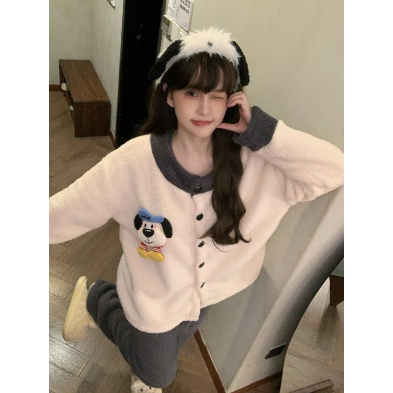 半边绒睡衣女秋冬季加厚加绒保暖软萌帕恰狗珊瑚绒冬天家居服套装