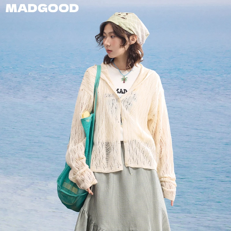 madgood马得工地日系春夏不规则镂空织法连帽开衫MDGDMY251054