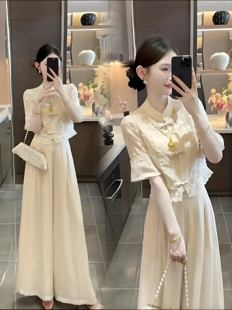 2025新款夏季新中式国风刺绣盘扣蕾丝边上衣高腰显瘦阔腿裤两件套