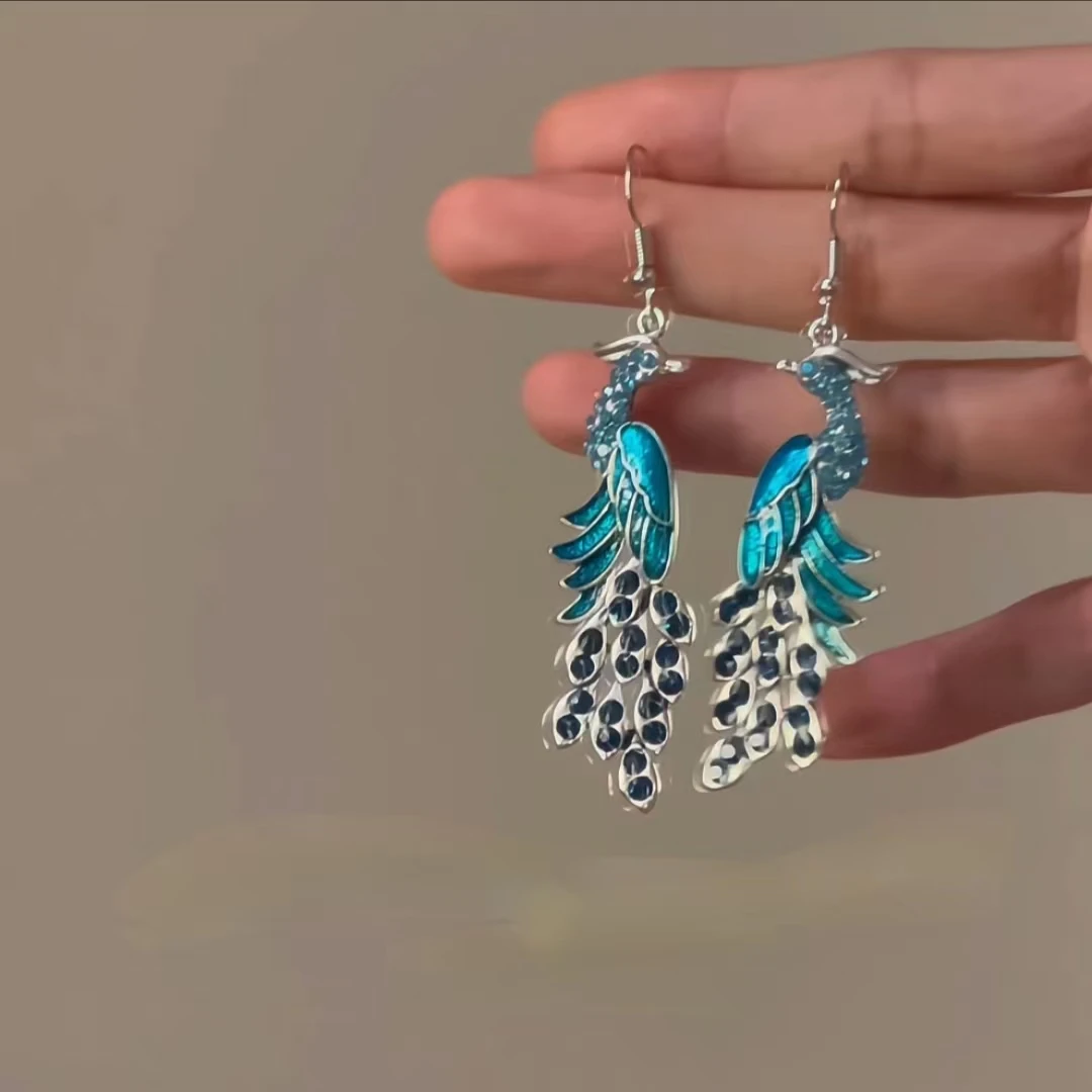 合金耳饰 新款时尚孔雀凤凰重工耳环复古手工蓝耳环民族风高级感