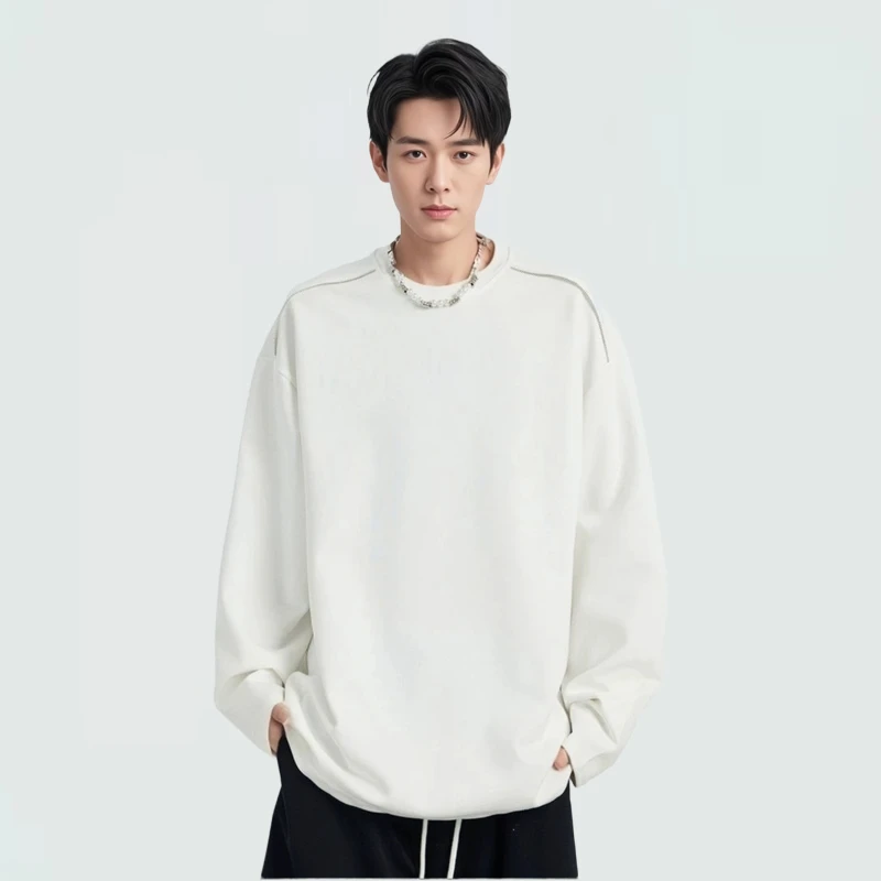 潮牌设计感加绒加厚纯色长袖T恤男款美式重磅宽松情侣打底衫卫衣