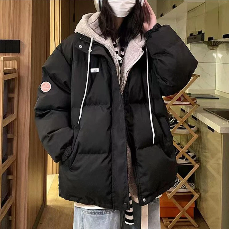 假两件棉服外套女冬季2025新款韩系宽松冬装羊羔毛加绒加厚棉衣服