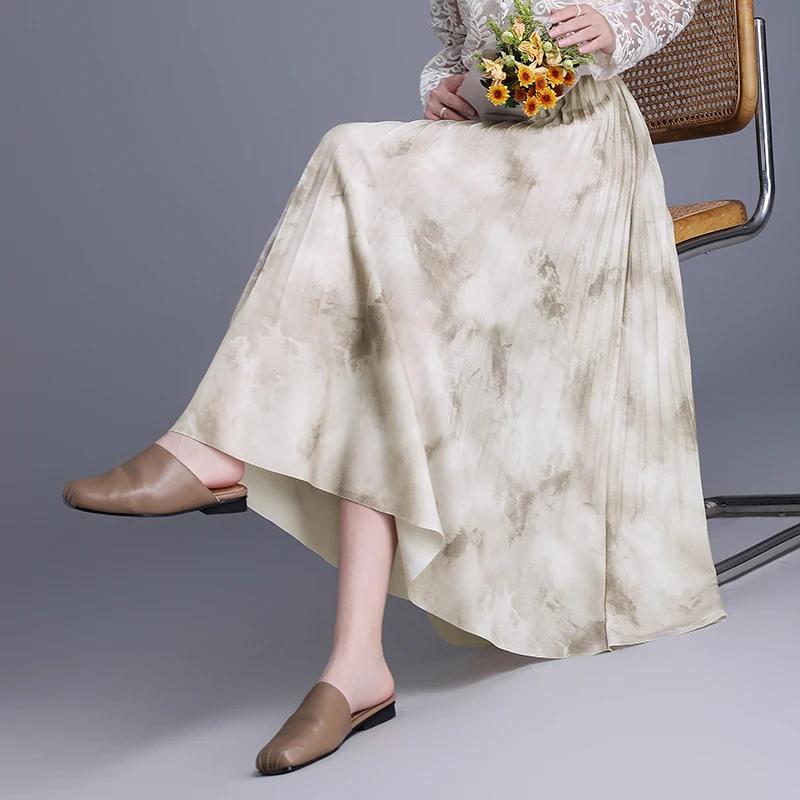 烧花A字半身裙百褶裙春秋高腰显瘦中长款春夏大摆长裙1D春季9223