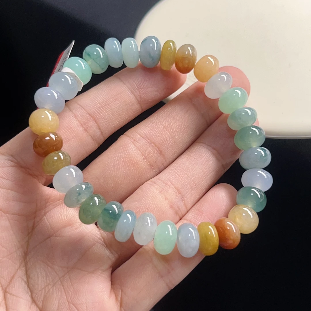 天然翡翠手串珠链卡9冰种多宝糖果时尚单圈清新玉手串渐变色素圈