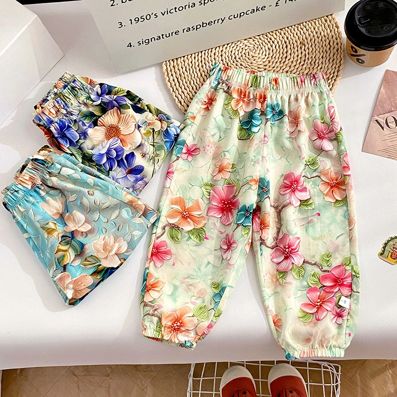 儿子女童新中式国风九分花裤中大童夏季棉绸灯笼裤薄款束脚裤