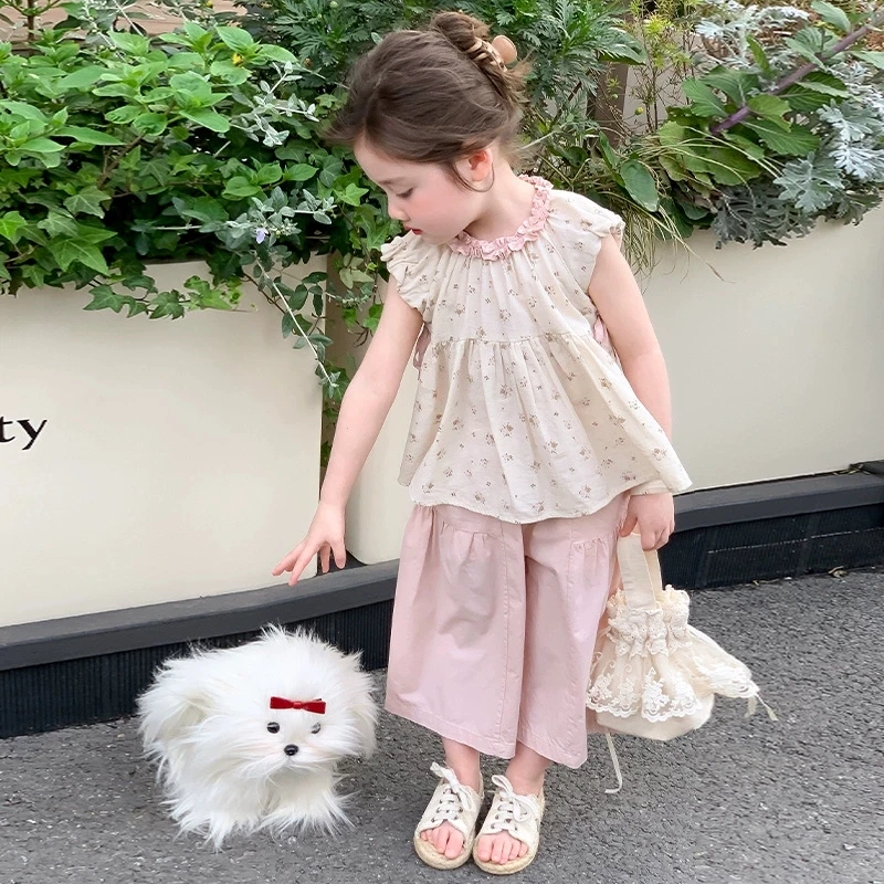 童装女童套装夏装2025新款洋气时髦碎花背心阔腿裤两件套儿童衣服