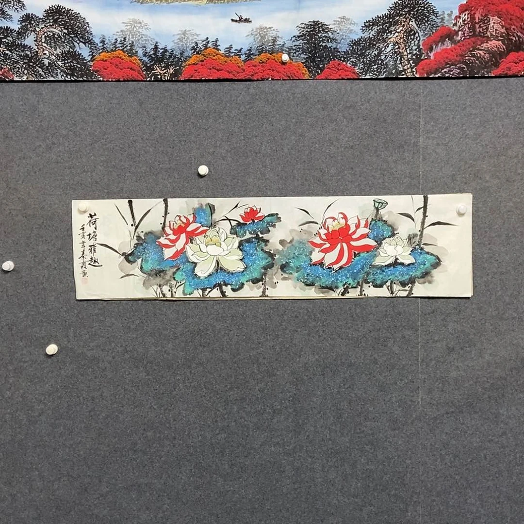 国画四尺对开荷花一副