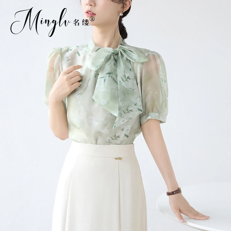 法式复古印花领口蝴蝶结短袖衬衫女装2025夏新款优雅气质飘带上衣
