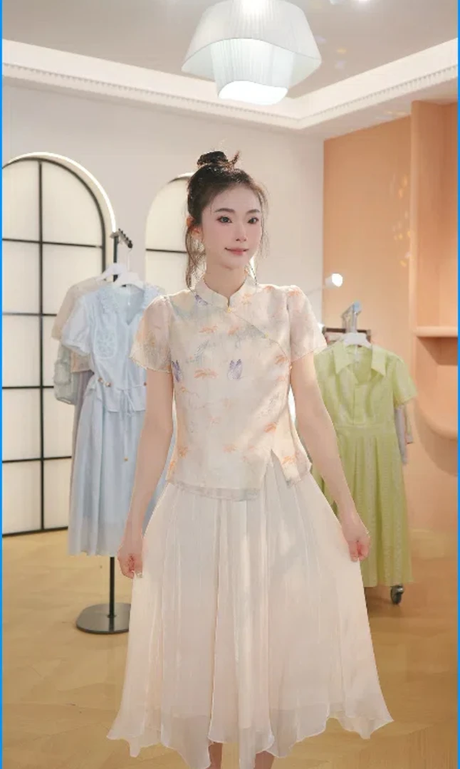 F2938新中式国风清冷感绝美独特连衣裙夏季新款拼接改良旗袍长裙