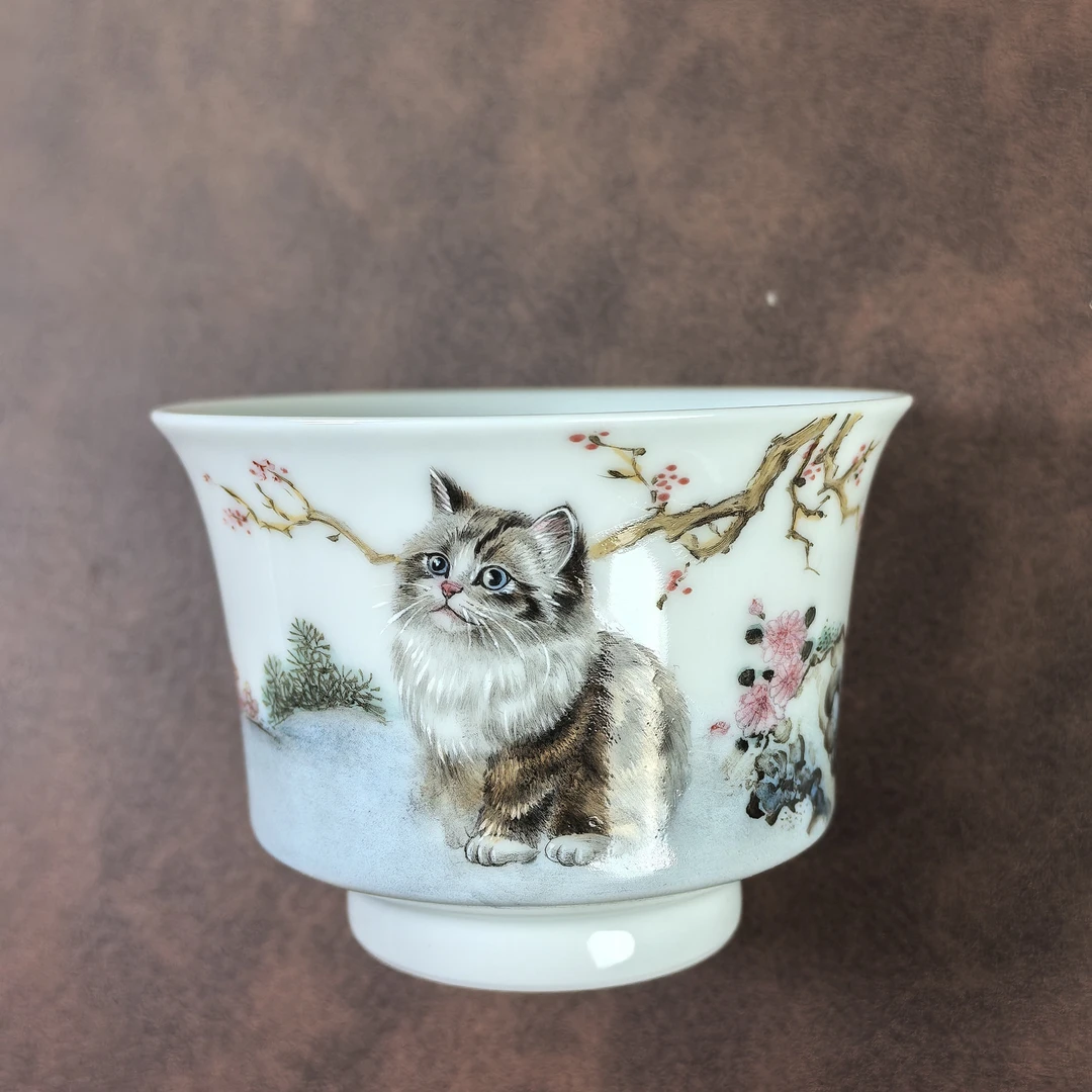 茶具适合个人品茗景德镇制猫趣马蹄杯省大余宾老作主人杯手绘