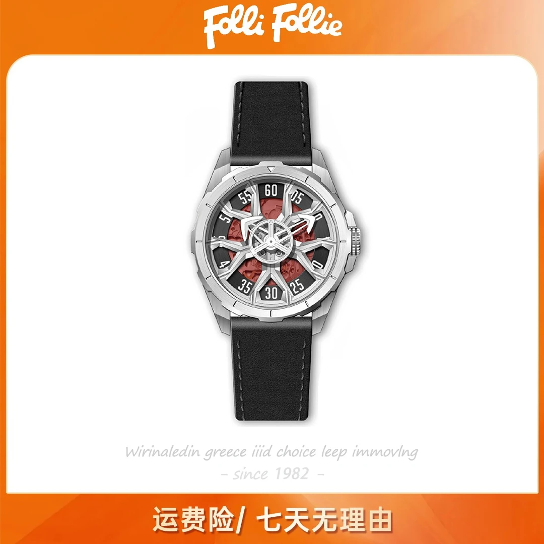 follifollie男款全自动机械表真皮休闲防水多功能镂空男士手表