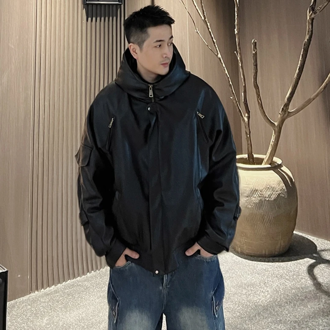 清仓90绒冬季美式皮衣连帽男士外套