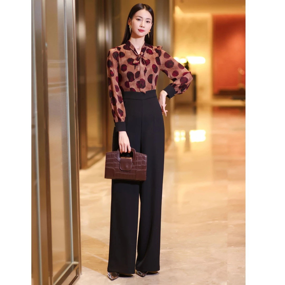 高腰直筒裤女2025春秋新款复古大波点高级感时尚气质松连体衣