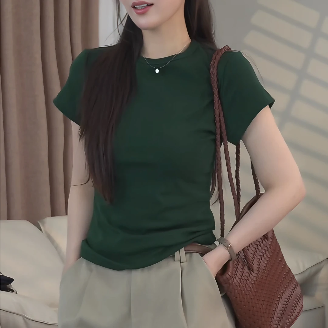 夏季新款百搭纯色短袖T恤女休闲时尚基础款圆领修身显瘦棉T上衣潮