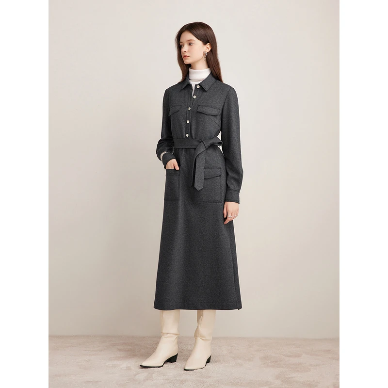 Goodland美地25冬季格雷系羊毛混纺高智感衬衫领连衣裙LC34505020