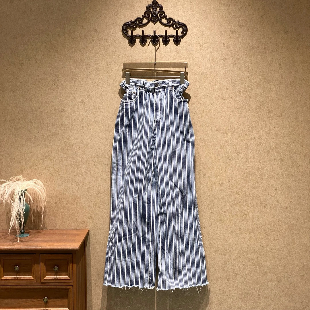 99新 MIU MIU/缪缪 蓝白条刺绣字母logo牛仔裤/24s码/39837