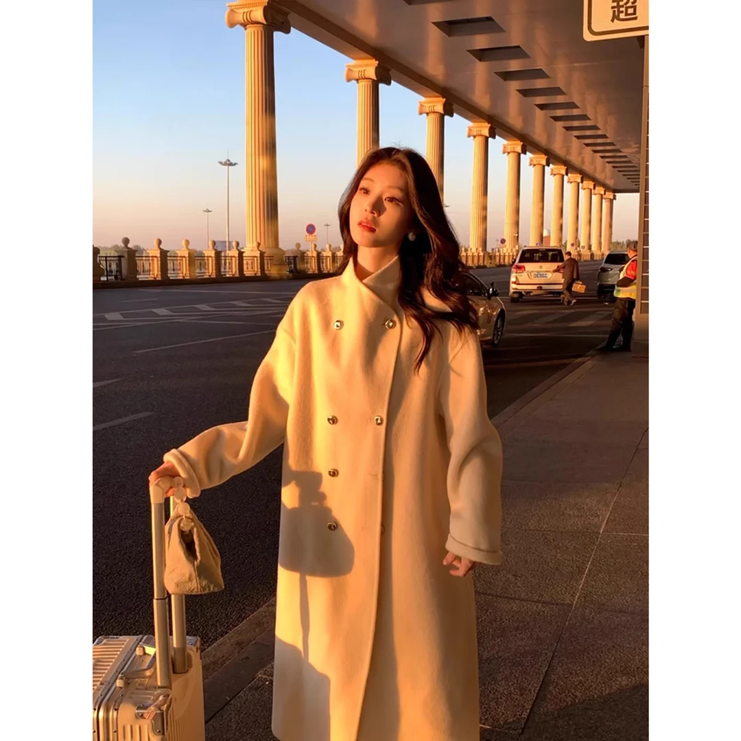 珐悦100羊毛大衣女立领温柔长款加厚显瘦宽松洋气冬双面外套23001
