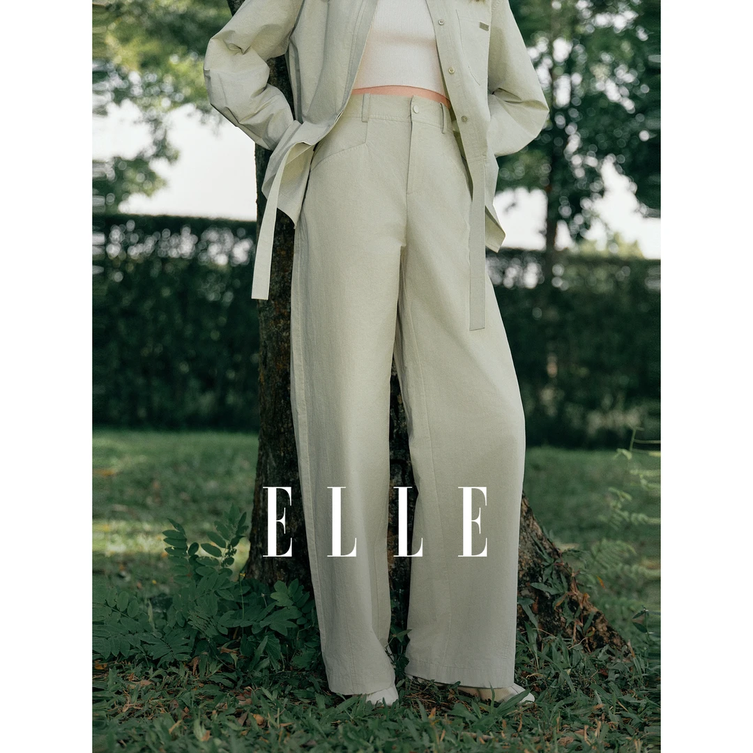 ELLE浅绿色高腰宽松休闲裤女2025春新款垂坠感小个子显瘦EK50705