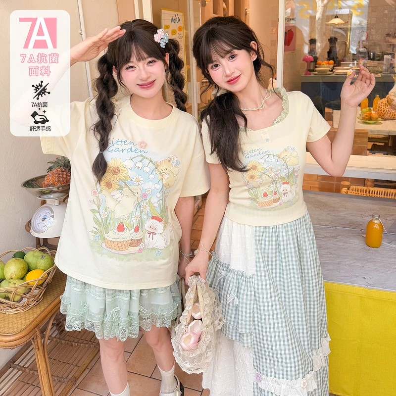 森女部落甜美风宽松卡通印花原创夏季短袖上衣T恤女2025夏季穿搭