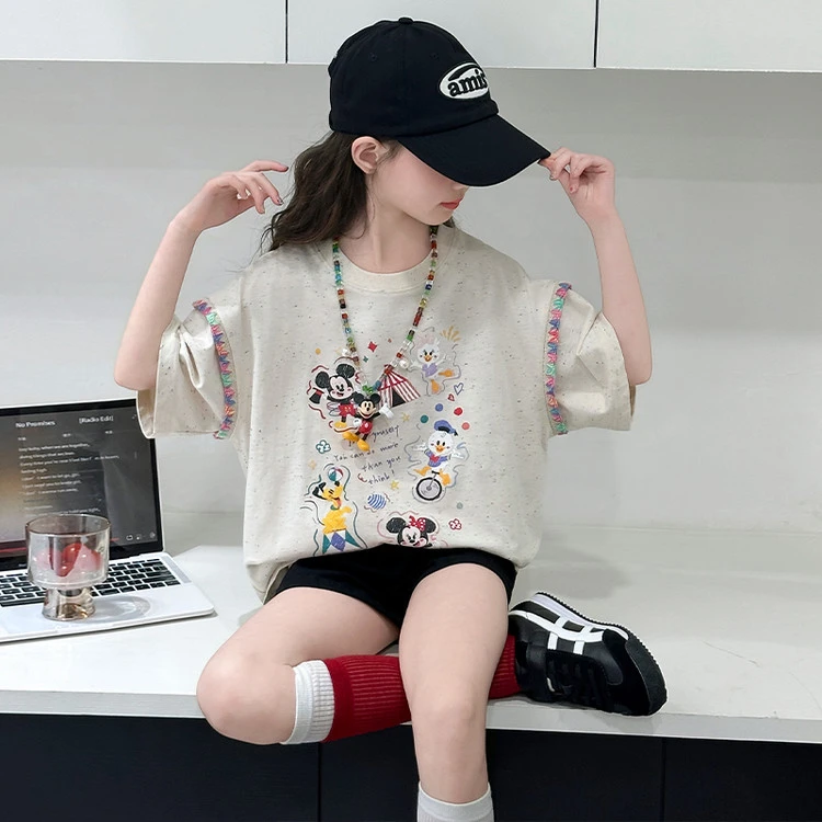 女童夏装2025新款洋气儿童T恤大童网红炸街打底衫女孩短袖上衣潮