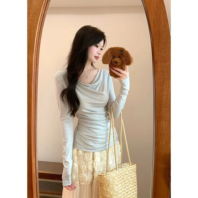 独特漂亮秋冬季新款打底衫女纯欲风荡领收腰显瘦长袖t恤上衣女ins