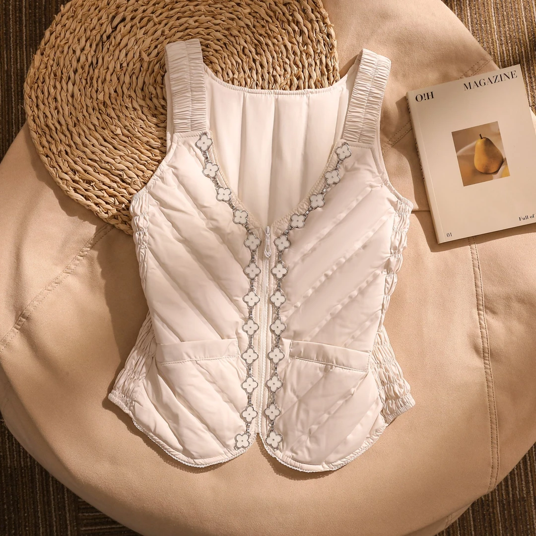 轻薄排骨羽绒镶钻马甲女秋冬季新款V领保暖修身背心内胆叠穿上衣