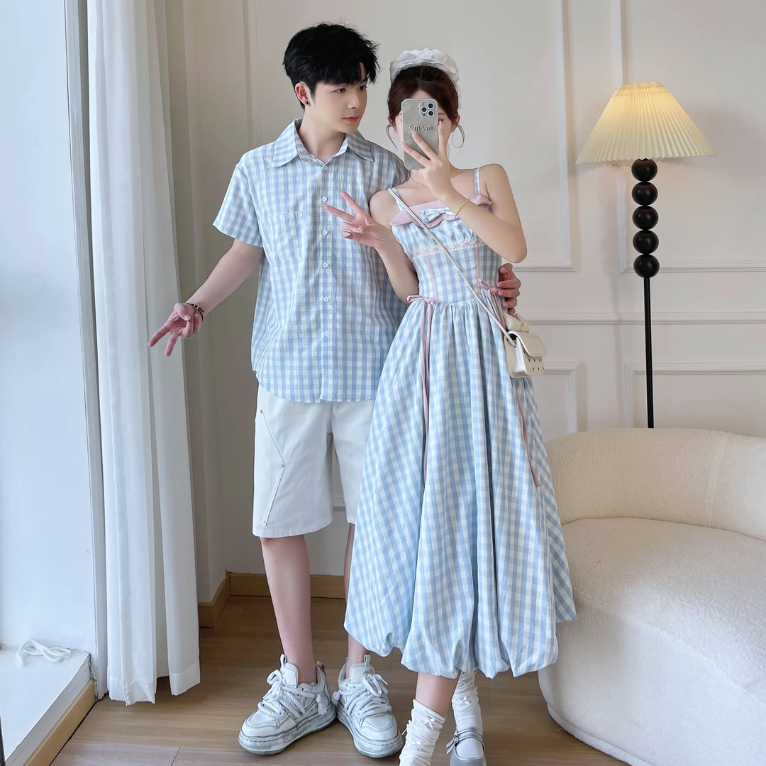 情侣装夏季小众韩版甜美花苞裙吊带女长连衣裙子短袖衬衫男上衣潮