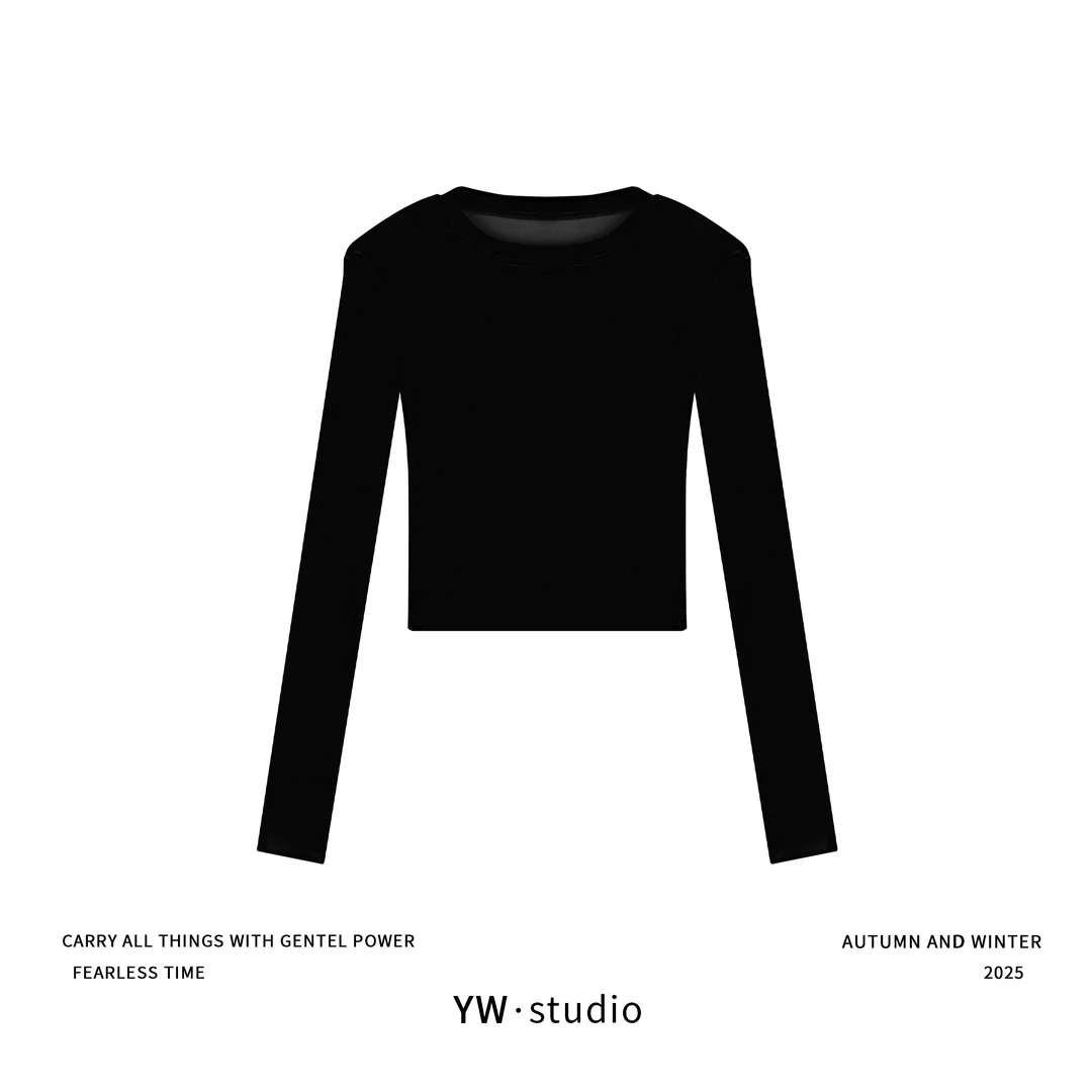 YUWEI/定制 琥珀流光风秋日穿搭小半圆领弹力丝绒上衣 W6219-1