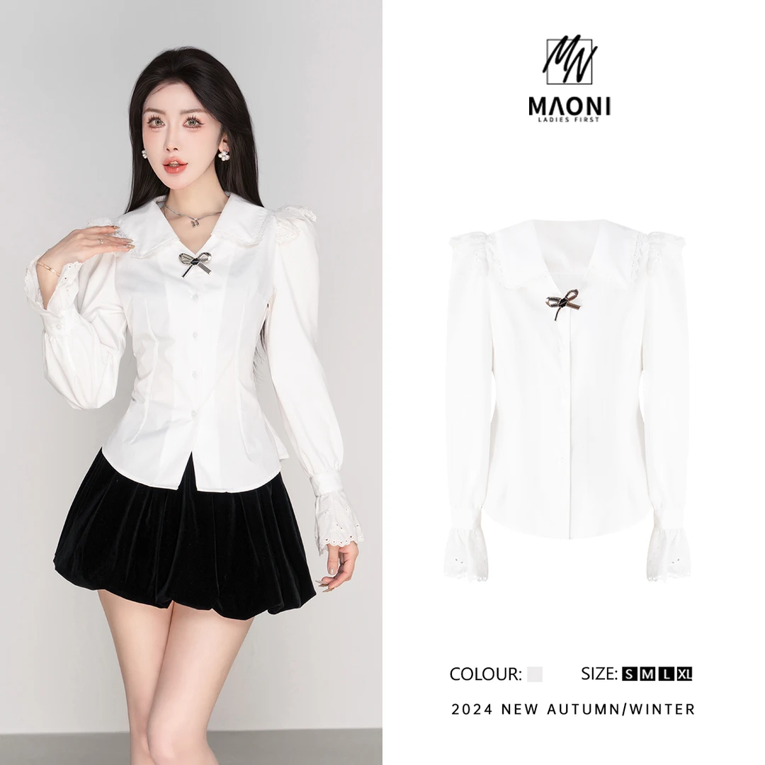 毛妮Peshe【香榭公主】2024秋冬设计感飞飞袖甜美衬衫配别针L1170