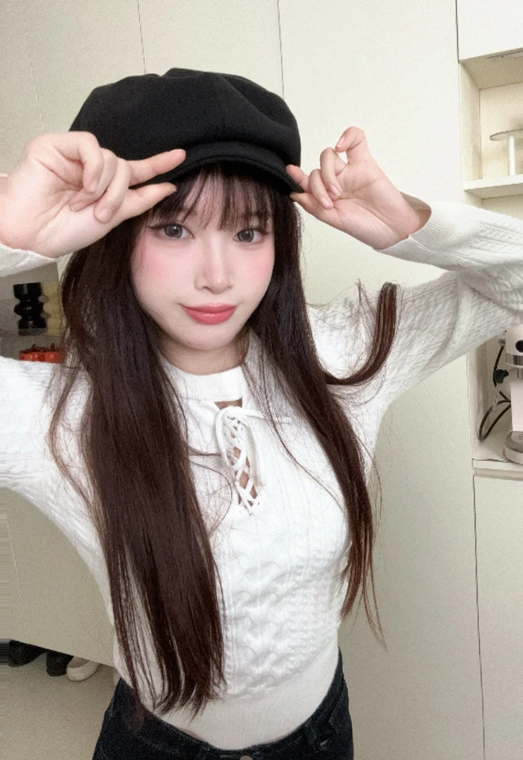Woola 美式辣妹圆领长袖针织衫女秋冬修身镂空内搭毛衣蓝色显瘦打