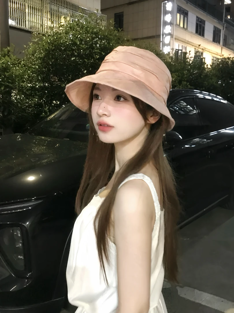 陈哈哈天丝混麻褶皱防晒渔夫帽子女盆帽夏季遮阳防晒日系大头围