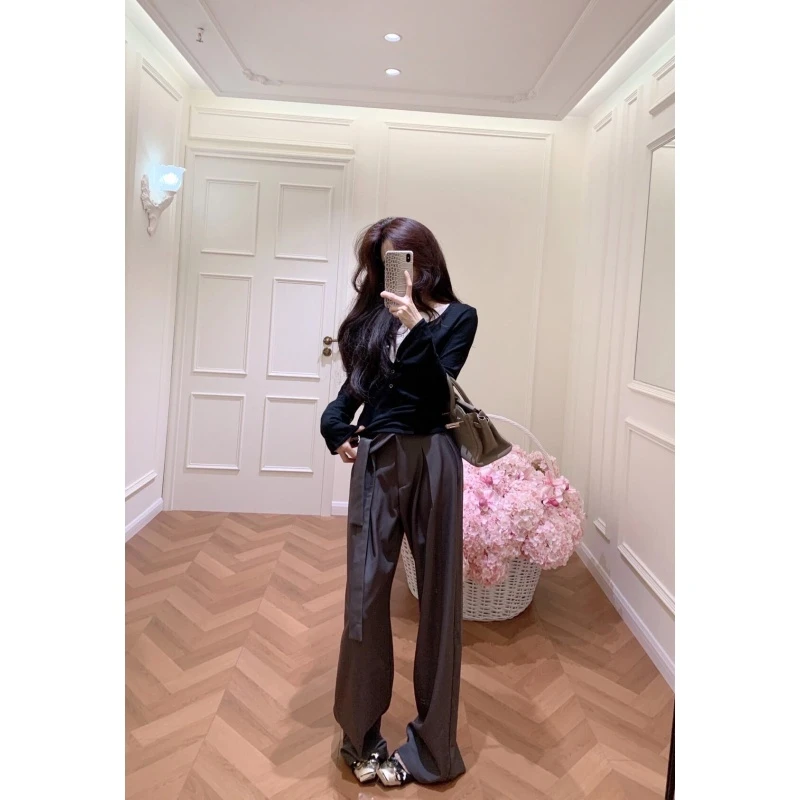 高级设计感气质休闲假两件长袖上衣秋冬高腰宽松时尚直筒裤两件套