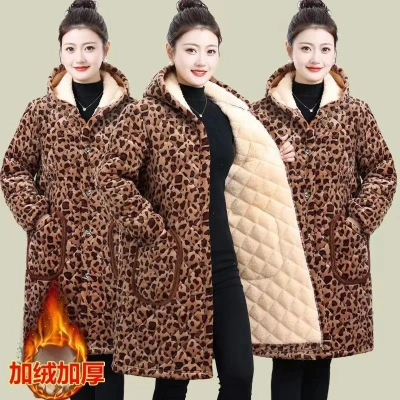 新款豹纹棉衣加绒加厚棉袄罩衣时尚家居中长款棉服中国风盘扣外套