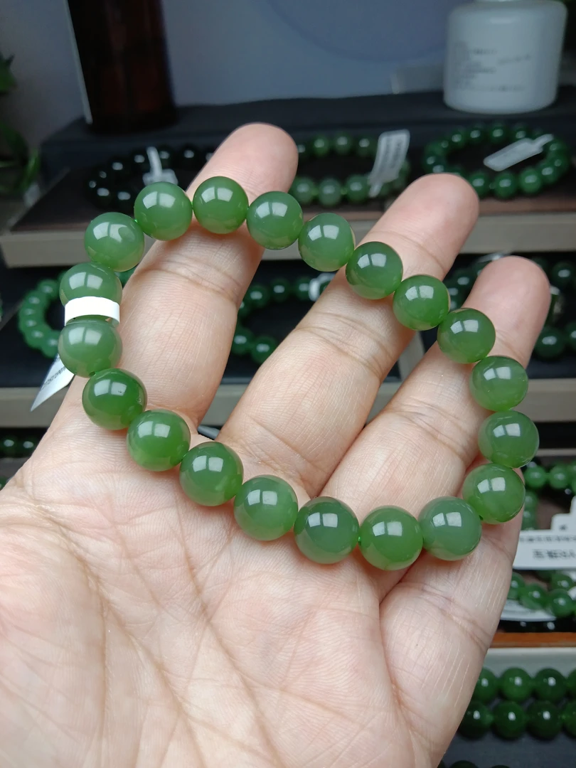 和田玉碧玉微猫眼单圈军绿色手链