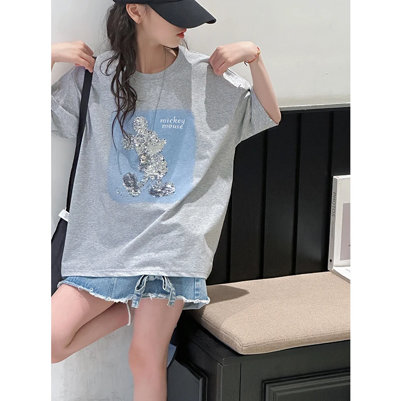 K28641孙小美 亮片女童短袖T恤儿童上衣2025新款夏装宽松半袖