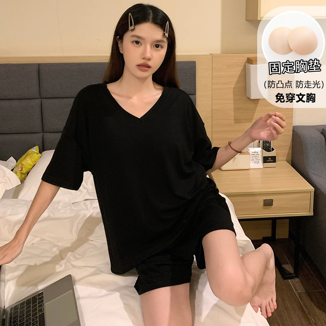 夏季薄款短袖V领莫代尔女款睡衣带胸垫家居服套装夏天休闲慵懒风