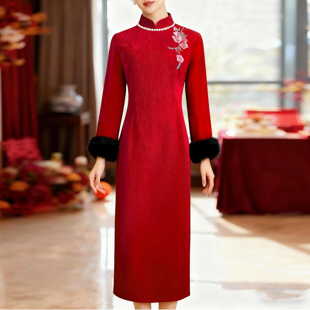 俏娘鱼红色复古新中式旗袍女2025冬季新款加绒保暖婚礼订婚敬酒服