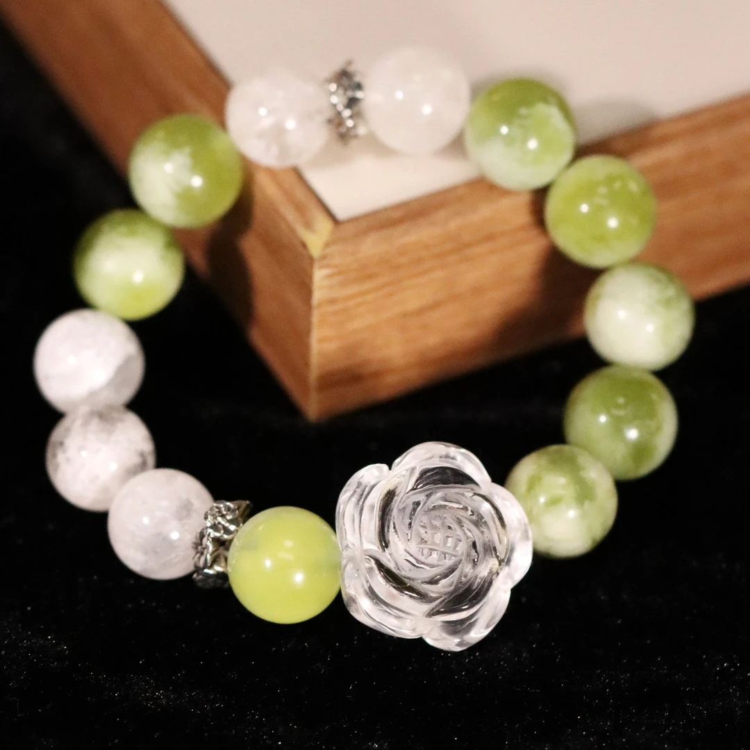 青提奶盖岫玉圆珠白雪花幽灵圆珠白水晶玫瑰花手串，多样性发货