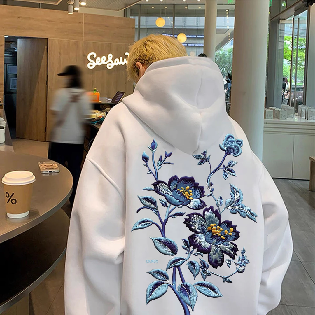 重磅加绒加厚连帽卫衣宽松双层帽原宿花卉男女同款男装秋冬季长袖