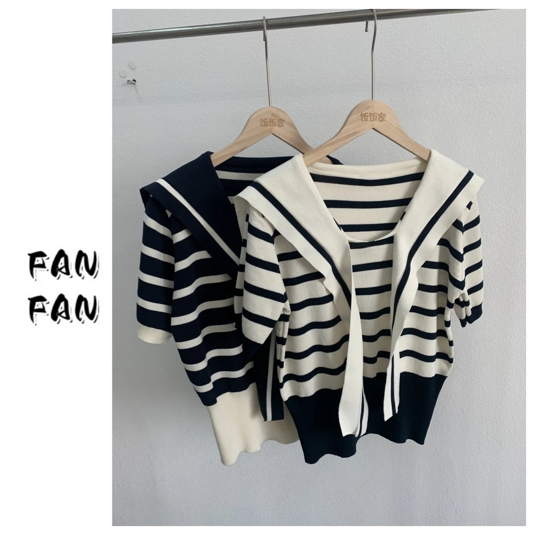 FANFAN 【海军领●学院风】条纹大翻领T恤
