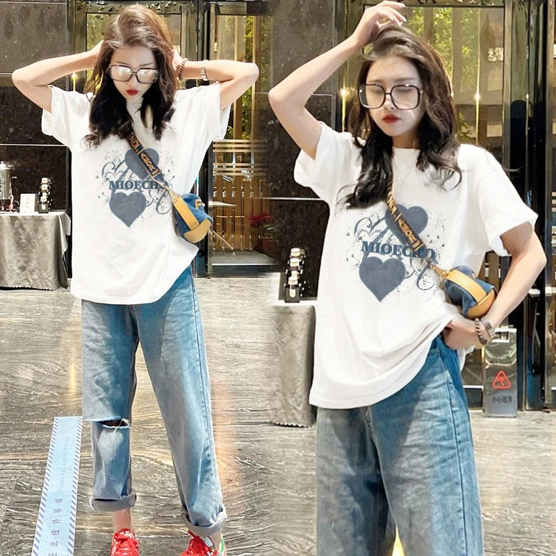 2025年夏季新款时尚中长款洋气宽松大码显瘦纯棉短袖上衣潮流T恤